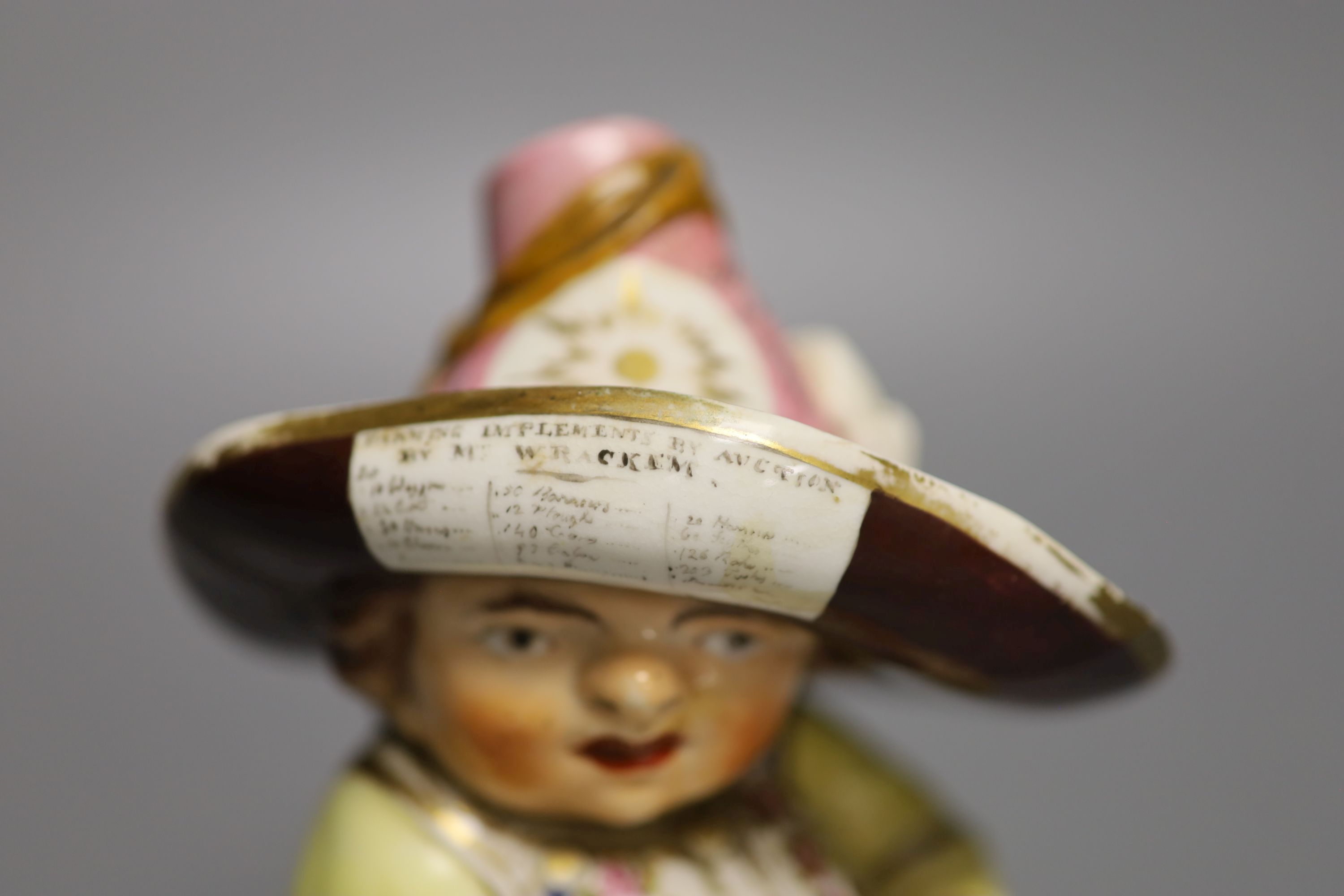 A Derby model of a Mansion Dwarf, modelled as a portly man wearing a large brimmed hat with a menu on it, c.1815 , height 18cm